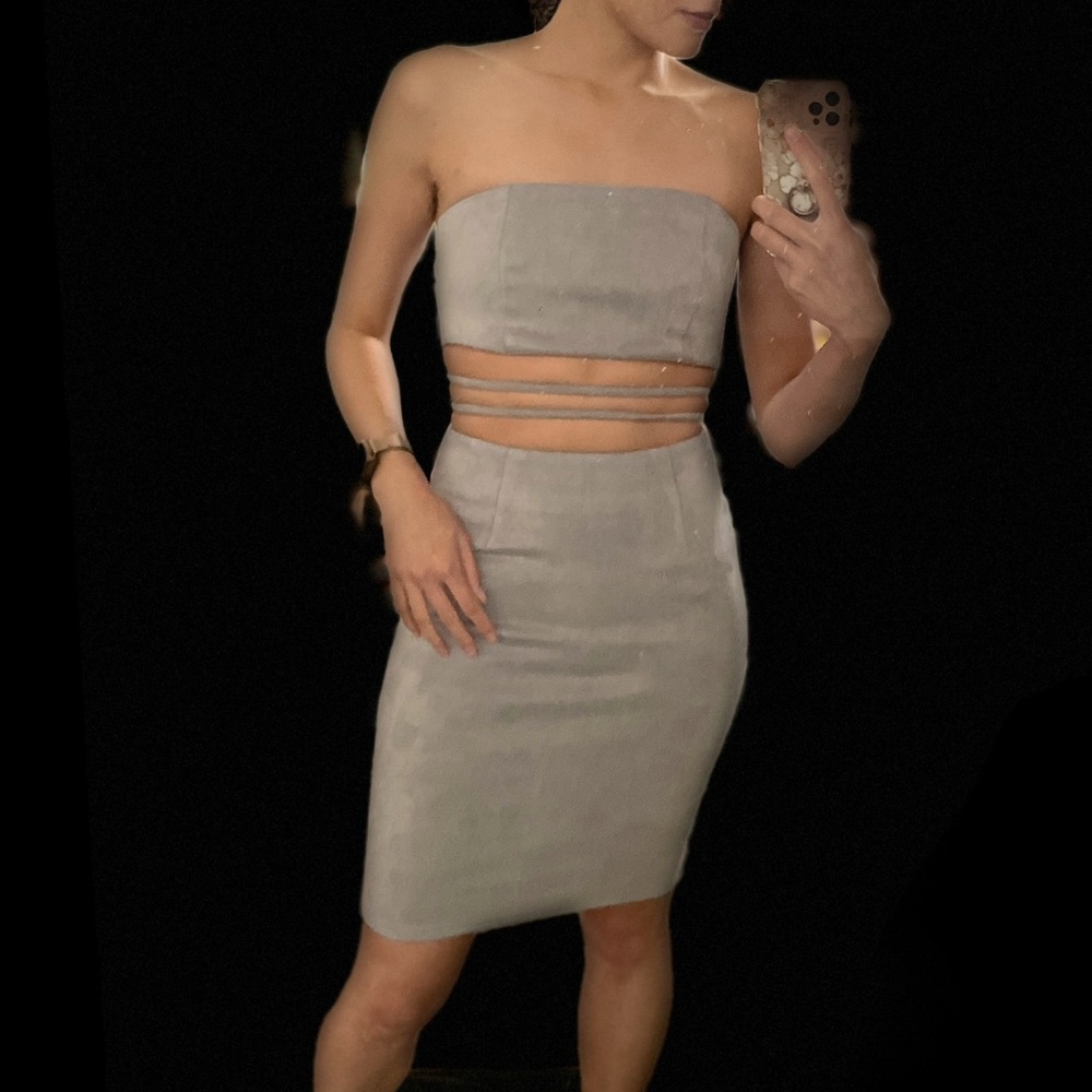 Gray suede two piece skirt set